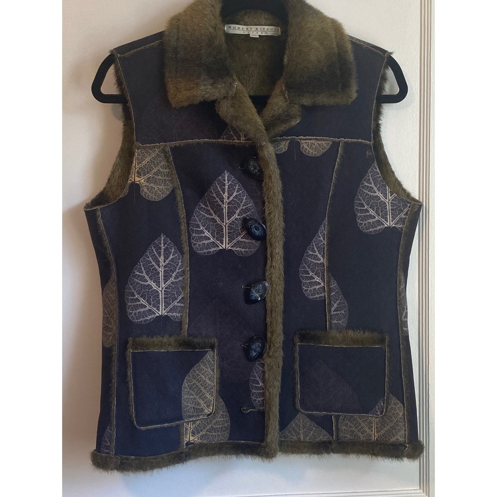 Robert Kitchen Canada Faux Fur Shearling Leaf Print Vest Navy Olive Green Medium